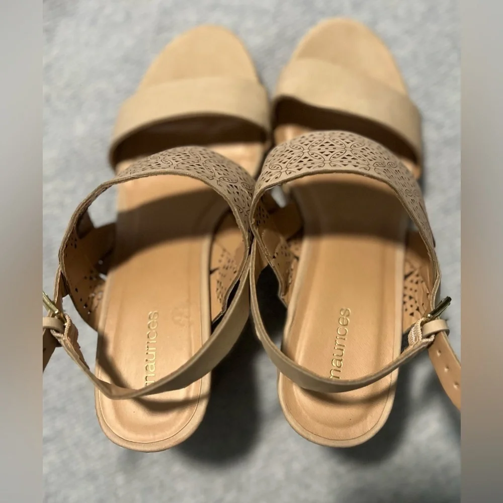 Maurices beige platform cork wedge sandals with laser-cut straps